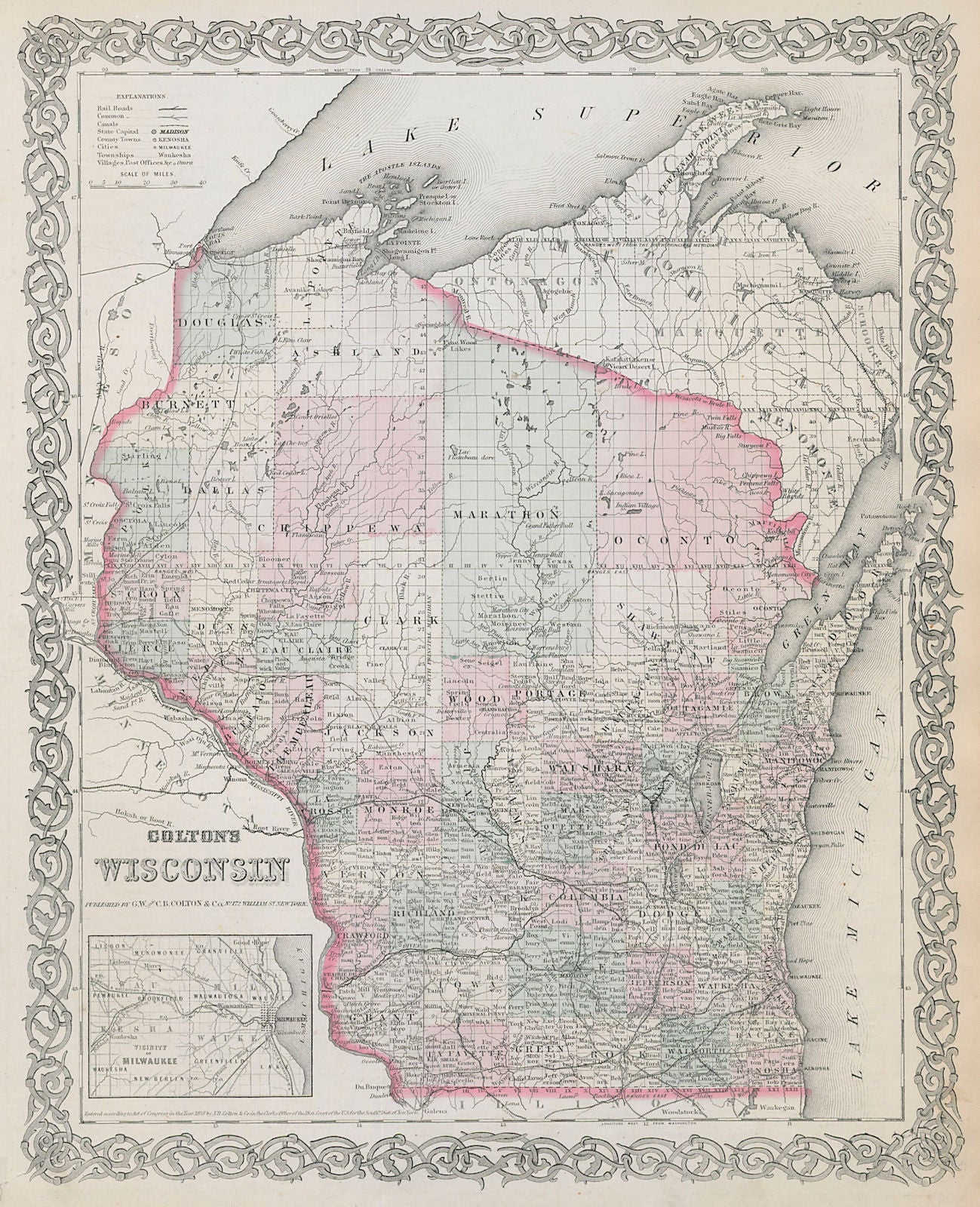 Colton's Wisconsin. Decorative antique US state map 1869 old chart